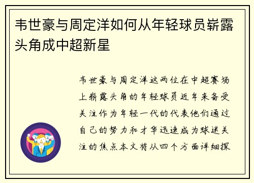 韦世豪与周定洋如何从年轻球员崭露头角成中超新星